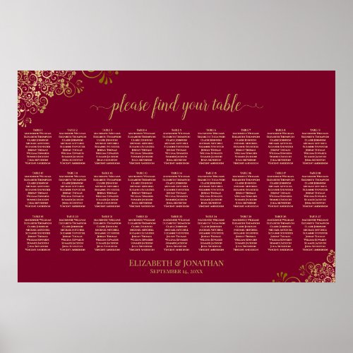 Burgundy & Gold 27 Table Wedding Seating Chart