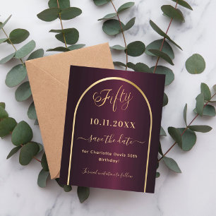 Burgundy gold 50th birthday save the date card