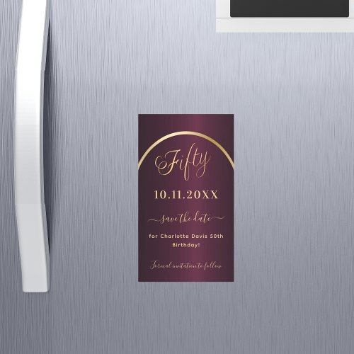 Burgundy gold 50th birthday Save the Date magnet