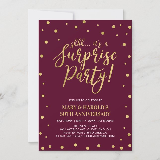 Burgundy & Gold 50th Surprise Wedding Anniversary Invitation (Front)