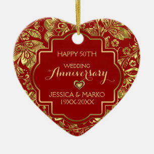 Burgundy & Gold 50th Wedding Anniversary Ceramic Ornament