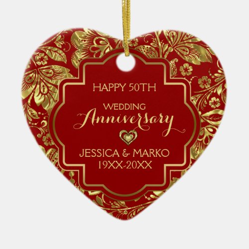 Burgundy  Gold 50th Wedding Anniversary Ceramic Ornament