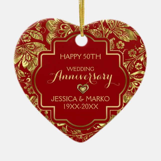 Burgundy & Gold 50th Wedding Anniversary Ceramic Ornament (Front)