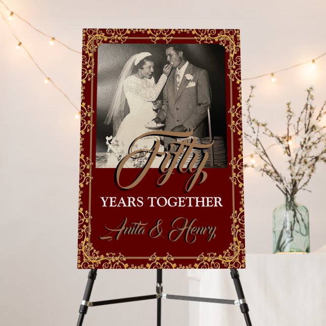 Burgundy & Gold 50th Wedding Anniversary  Foam Board (In Situ (Stand))