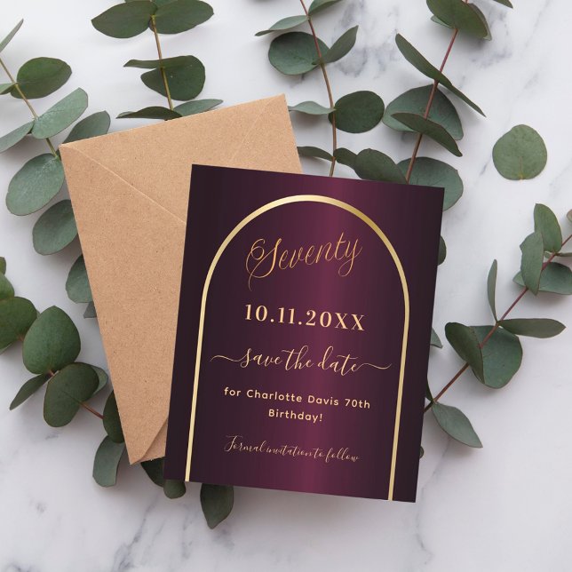 Burgundy gold 70th birthday save the date card (Creator Uploaded)