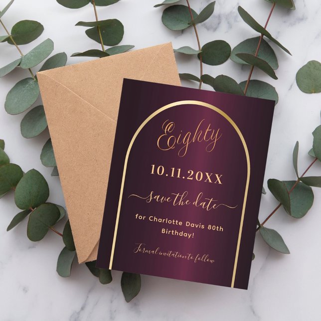 Burgundy gold 80th birthday save the date card (Creator Uploaded)