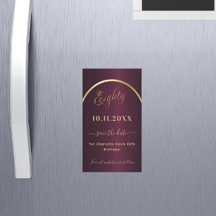Burgundy gold 80th birthday Save the Date magnet