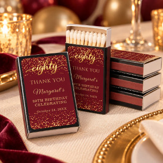 Burgundy & Gold 80th Birthday Thank you Favors Matchboxes