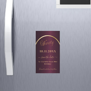 Burgundy gold 90th birthday Save the Date magnet