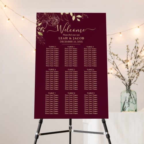 Burgundy Gold 9 Table Floral Wedding Seating Chart Foam Board