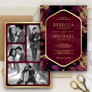 Burgundy Gold Abstract Fluid Ink Photo Wedding Invitation