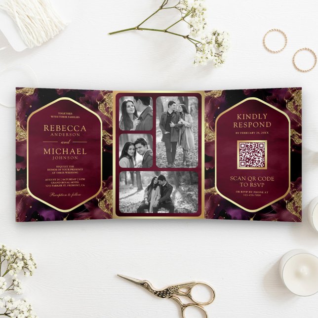 Burgundy Gold Abstract Fluid Ink QR Code Wedding Tri-Fold Invitation (Creator Uploaded)