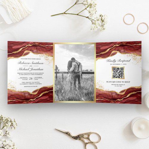 Burgundy Gold Abstract Ink QR Code Wedding Tri_Fold Invitation