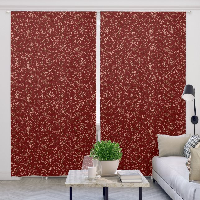 Burgundy gold abstract wildflower floral blackout curtains (Living Room)