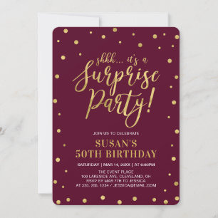 Burgundy & Gold Adult 50th Surprise Birthday Party Invitation