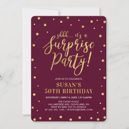 Burgundy  Gold Adult 50th Surprise Birthday Party Invitation