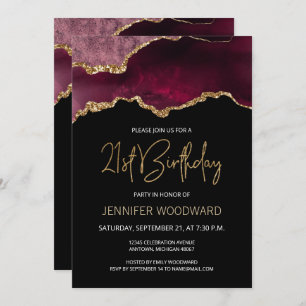 Burgundy Gold Agate 21st Birthday Party Invitation