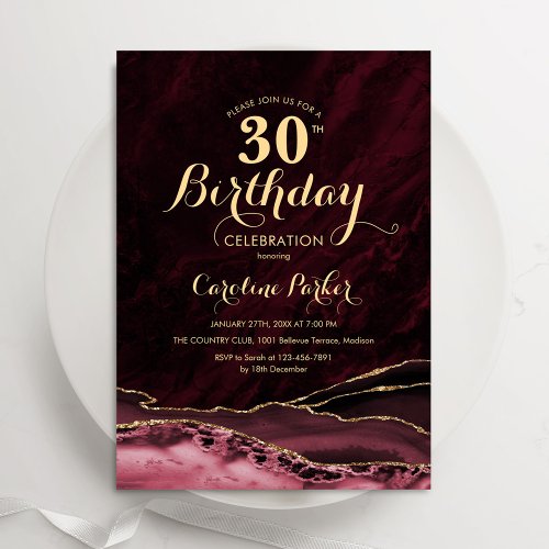 Burgundy Gold Agate 30th Birthday Invitation