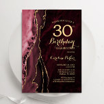 Burgundy Gold Agate 30th Birthday Invitation<br><div class="desc">Burgundy gold agate 30th birthday party invitation. Elegant modern design featuring dark red marsala wine watercolor agate marble geode background,  faux glitter gold and typography script font. Trendy invite card perfect for a stylish women's bday celebration. Printed Zazzle invitations or instant download digital printable template.</div>