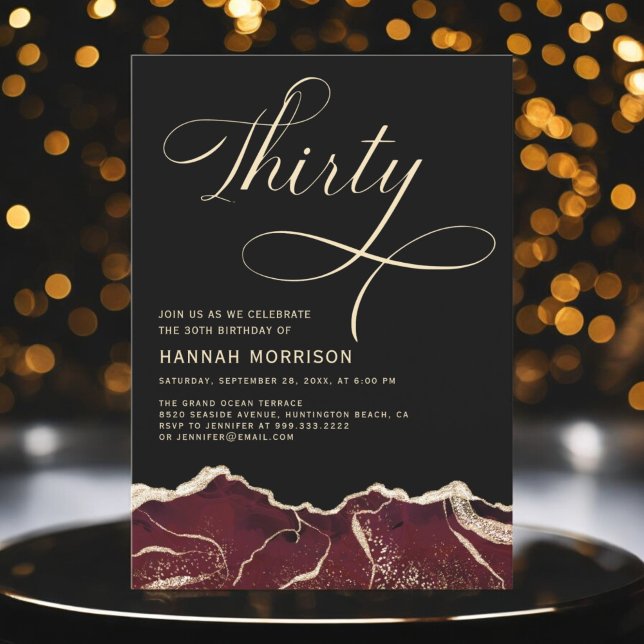Burgundy Gold Agate 30th Thirty Birthday Party Invitation (Creator Uploaded)