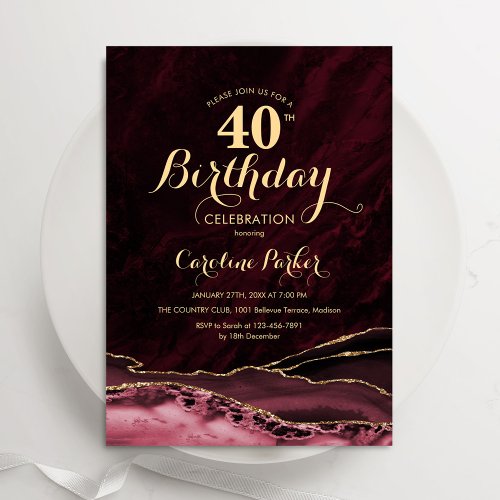 Burgundy Gold Agate 40th Birthday Invitation