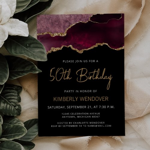 Burgundy Gold Agate 50th Birthday Invitation