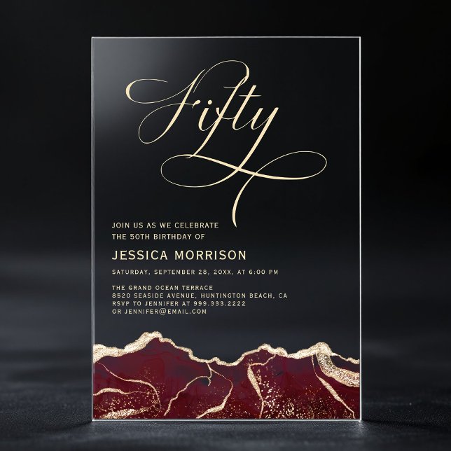 Burgundy Gold Agate 50th Fifty Birthday Party Acrylic Invitations (Creator Uploaded)