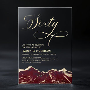 Burgundy Gold Agate 60th Sixty Birthday Party Acrylic Invitations