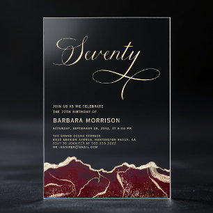 Burgundy Gold Agate 70th Seventy Birthday Party Acrylic Invitations