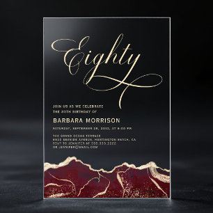 Burgundy Gold Agate 80th Eighty Birthday Party Acrylic Invitations