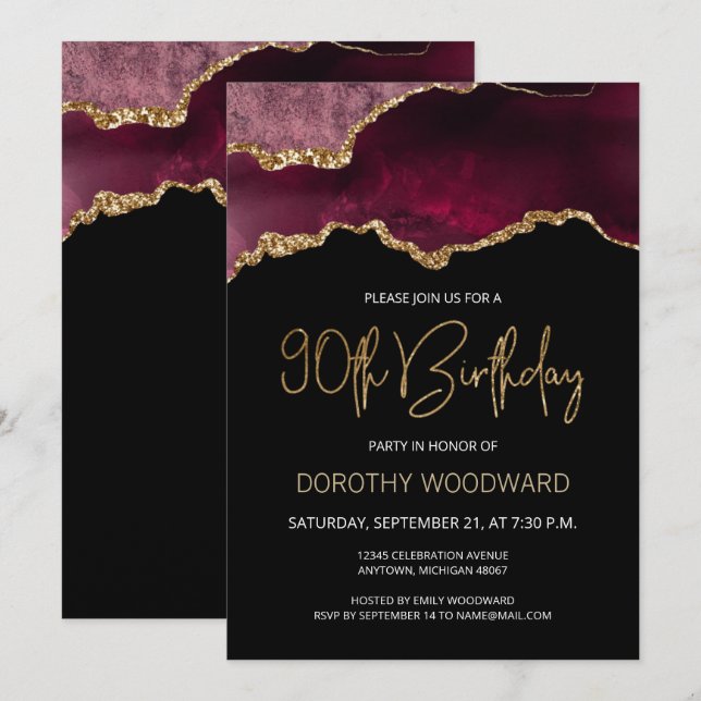 Burgundy Gold Agate 90th Birthday Invitation (Front/Back)