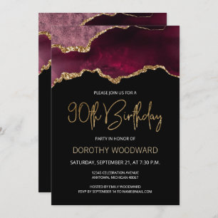 Burgundy Gold Agate 90th Birthday Invitation