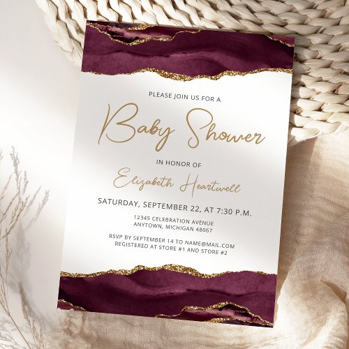 Burgundy Gold Agate Baby Shower Invitation