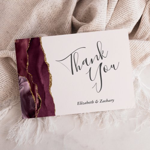 Burgundy Gold Agate Blush Wedding Flat Thank You Card