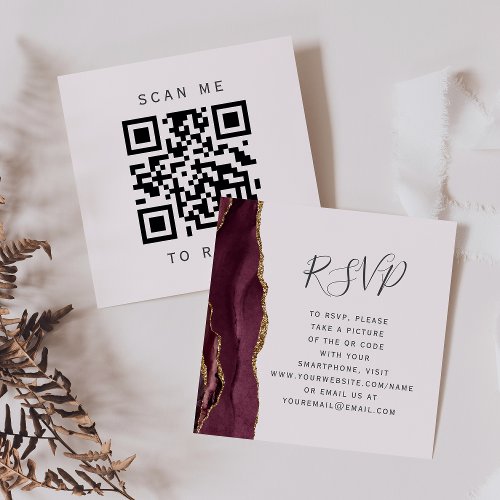 Burgundy Gold Agate Blush Wedding QR Code RSVP Enclosure Card