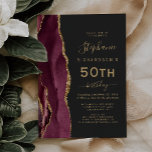 Burgundy Gold Agate Dark 50th Birthday Party Invitation<br><div class="desc">The left-hand edge of this elegant modern birthday party invitation features a burgundy watercolor agate border trimmed with gold faux glitter. The customizable text combines gold-colored handwriting,  copperplate and italic fonts on a slate black background. The reverse side features a matching burgundy and gold agate design.</div>