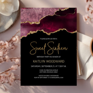 Burgundy Gold Agate Dark Sweet 16 Birthday Party Invitation