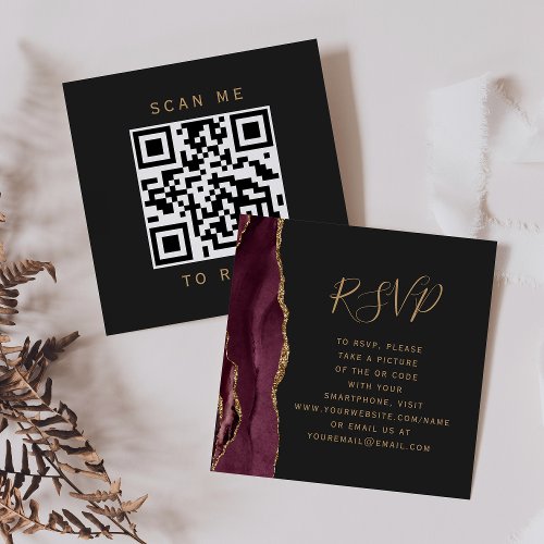 Burgundy Gold Agate Dark Wedding QR Code RSVP Enclosure Card