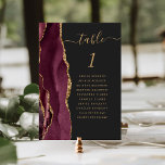 Burgundy Gold Agate Dark Wedding Table Number<br><div class="desc">The left-hand edge of this elegant modern wedding table number card features a burgundy red watercolor agate border trimmed with faux gold glitter. The word "table" appears in gold-colored handwriting script on an off-black background. Add the names of your guests who are assigned to each table.</div>