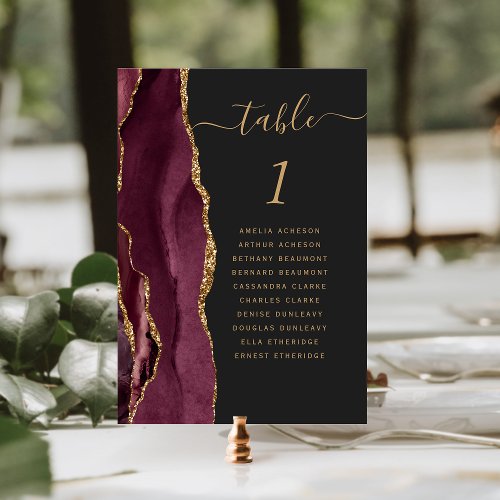 Burgundy Gold Agate Dark Wedding Table Number