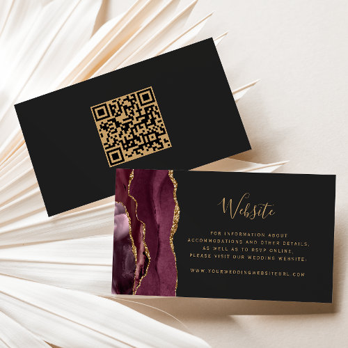 Burgundy Gold Agate Dark Wedding Website QR Code Enclosure Card