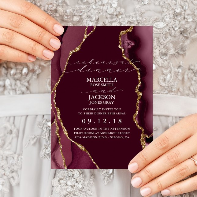 Burgundy & Gold Agate Dinner Rehearsal Invitation (Creator Uploaded)