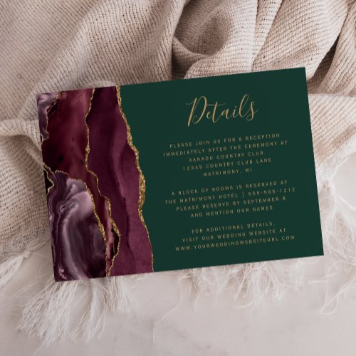 Burgundy Gold Agate Emerald Green Wedding Details Enclosure Card