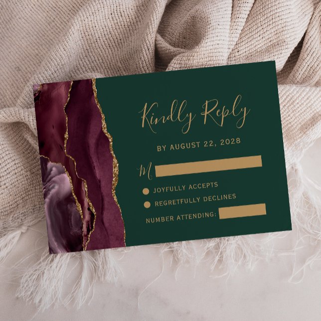 Burgundy Gold Agate Emerald Green Wedding RSVP Card (Creator Uploaded)
