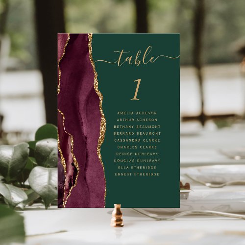 Burgundy Gold Agate Emerald Green Wedding Table Number