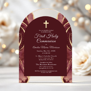 Burgundy Gold Agate First Holy Communion Girl Acry Acrylic Invitations
