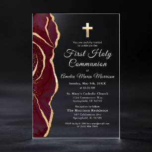 Burgundy Gold Agate First Holy Communion Girl Acrylic Invitations