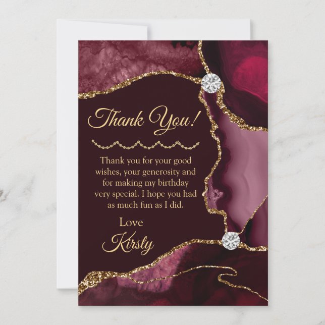 Burgundy Gold Agate Geode Birthday Thank You Card (Front)
