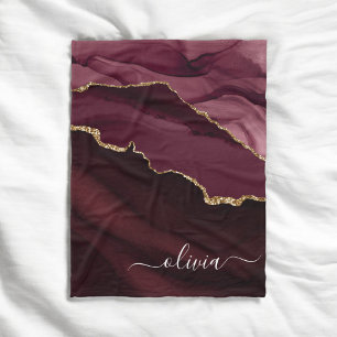 Burgundy Gold Agate Geode Gold Monogram Fleece Blanket