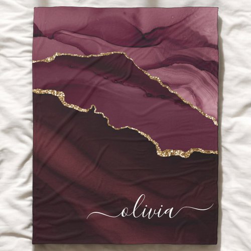 Burgundy Gold Agate Geode Gold Monogram Fleece Blanket